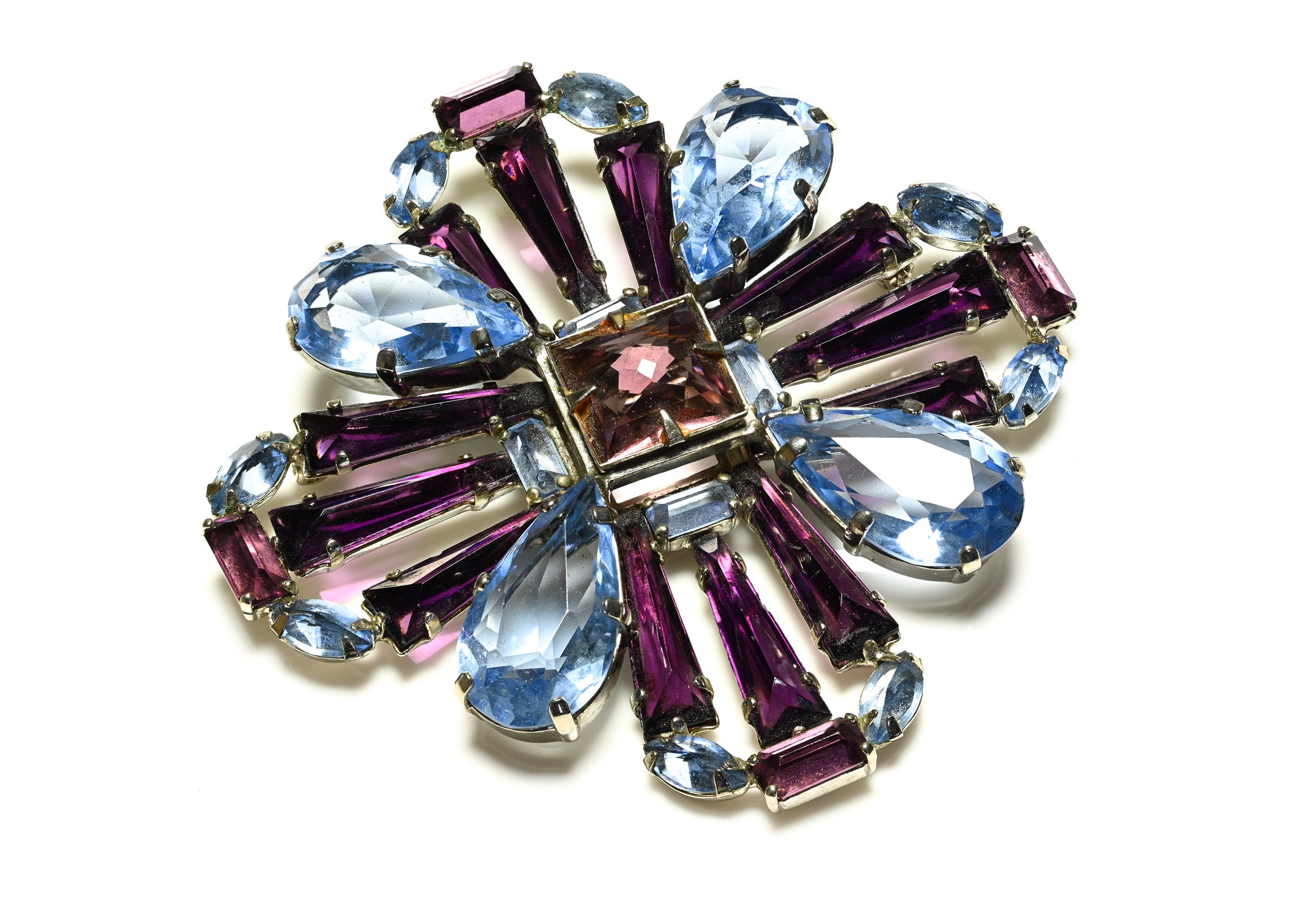 Vintage Schreiner NY Purple Keystone Crystal Cross Flower Brooch