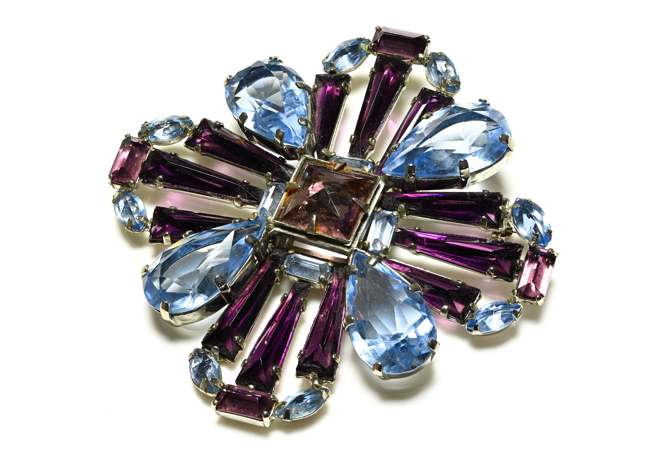 Vintage Schreiner NY Blue Purple Keystone Crystal Cross Flower Brooch