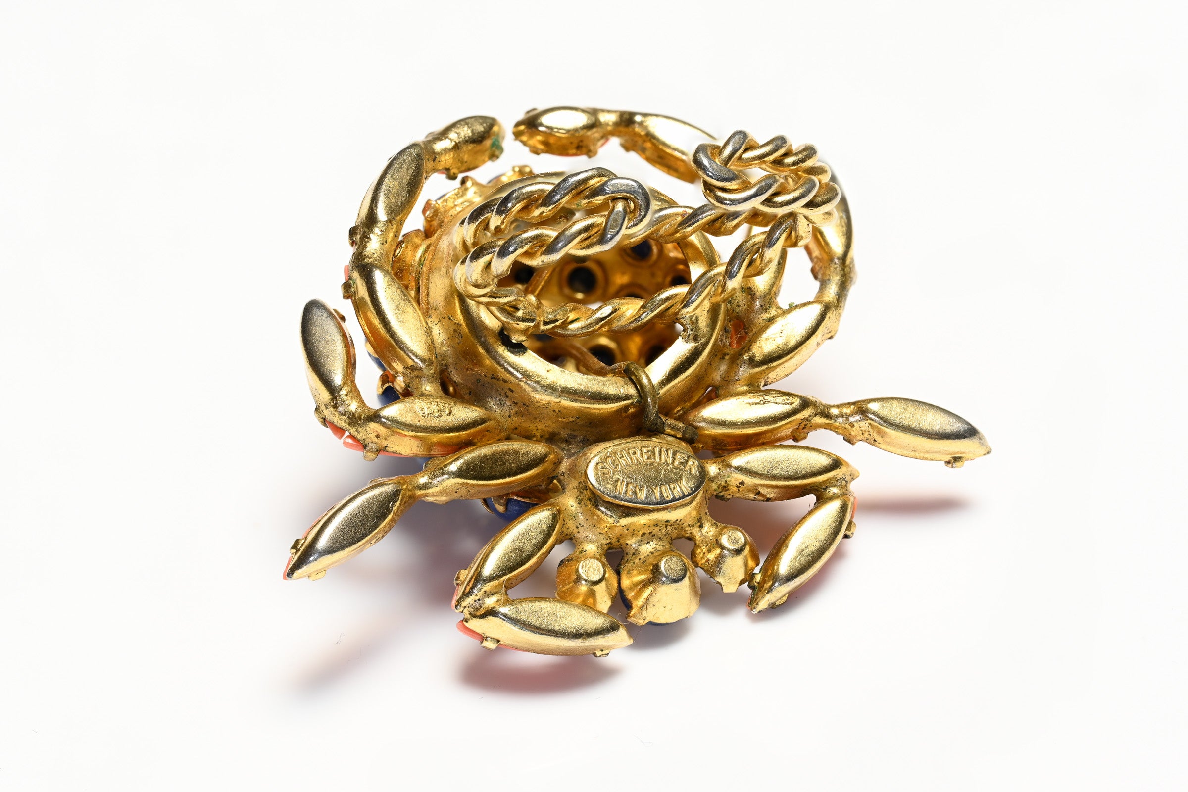 Vintage Schreiner NY Blue Orange Crystal Crab Ring