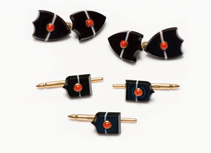 Seaman Schepps Gold Agate Coral Cufflink & Stud Set
