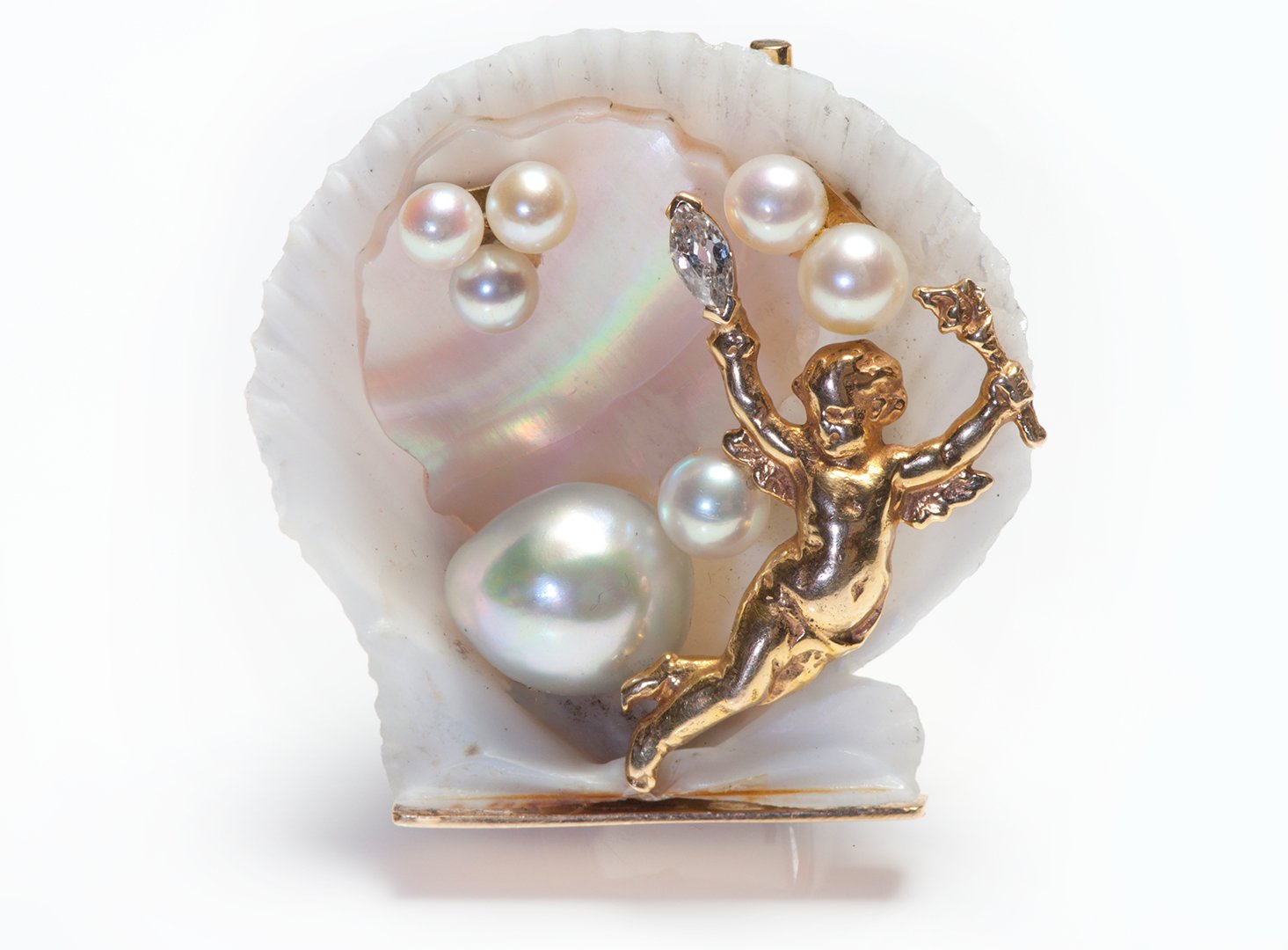 Seaman Schepps Gold Cherub Shell Pearl Marquise Diamond Brooch