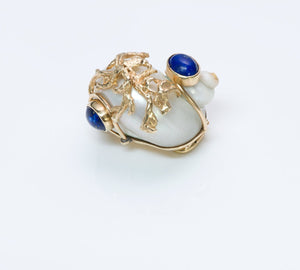 Vintage Seaman Schepps Gold Lapis Shell Brooch