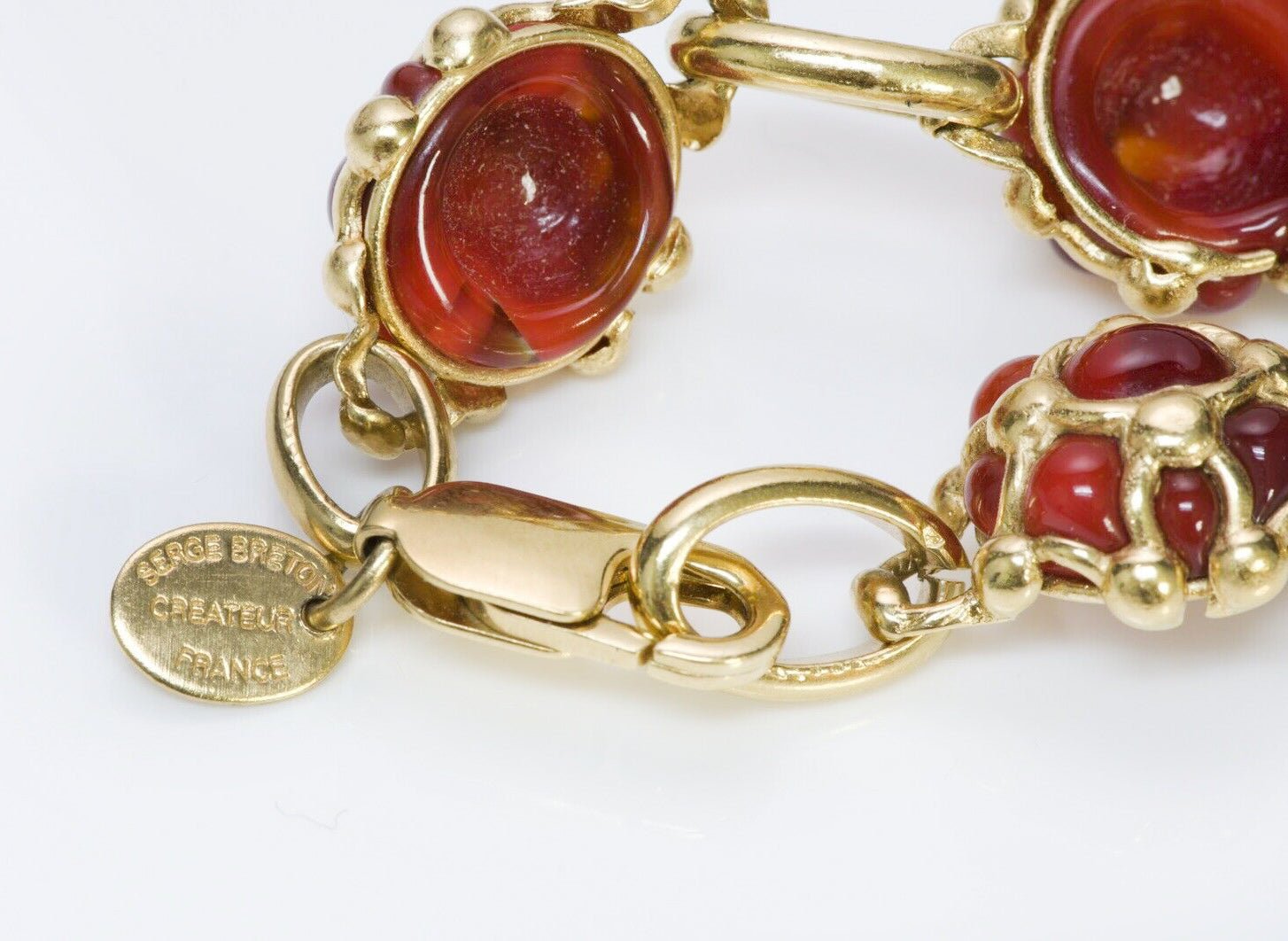 Serge Breton France Red Cabochon Glass Chain Bracelet