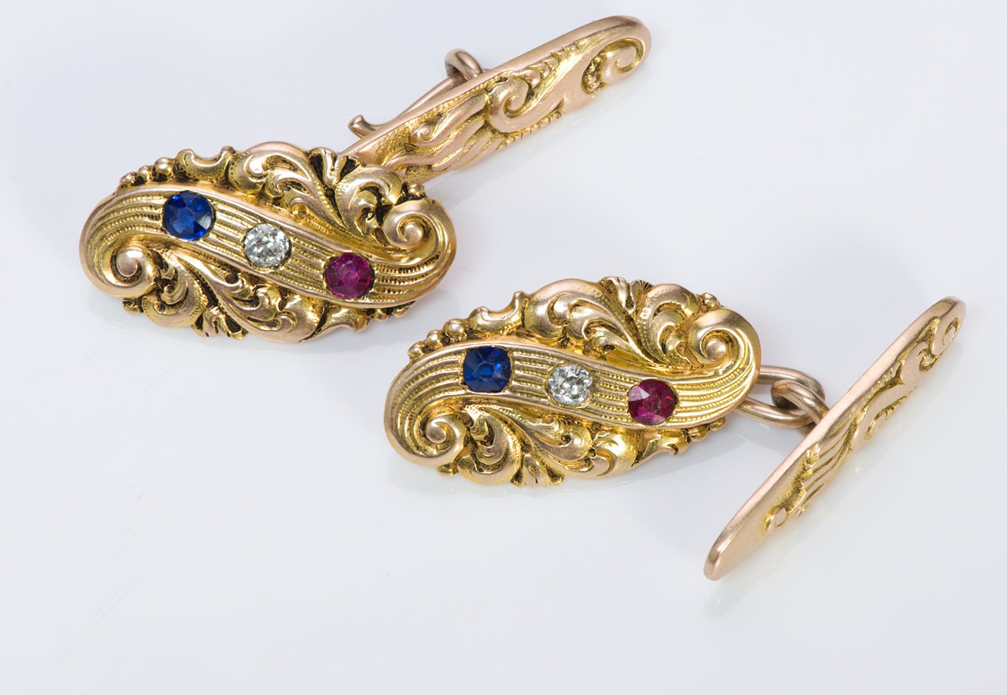 Shreve & Co. Antique Gold Ruby Diamond Sapphire Cufflinks
