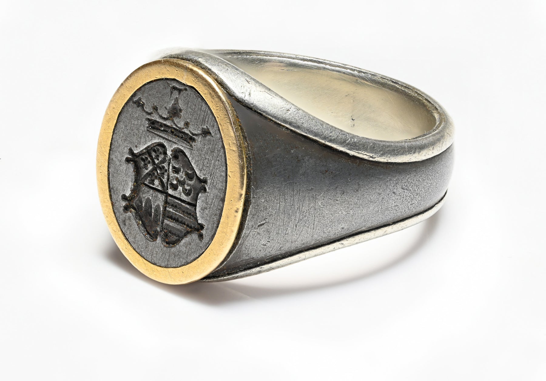 Antique Steel Silver Gold Crest Men's Ring
