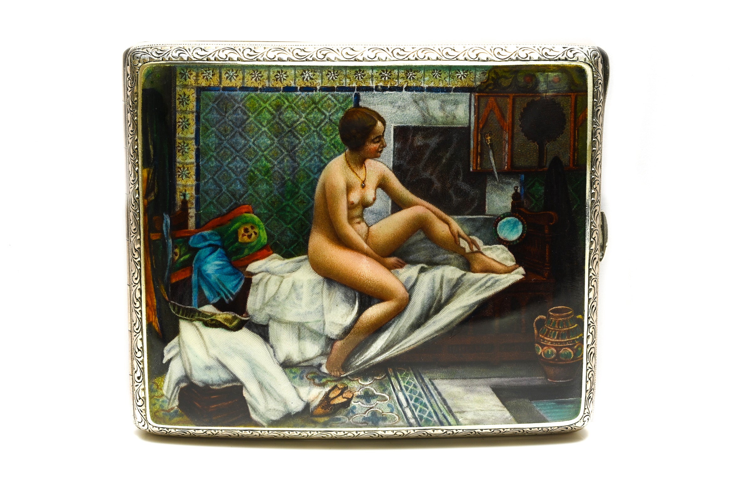 Early 20th-Century Silver Enamel Case – Interior Nude Scene, Art Nouveau
