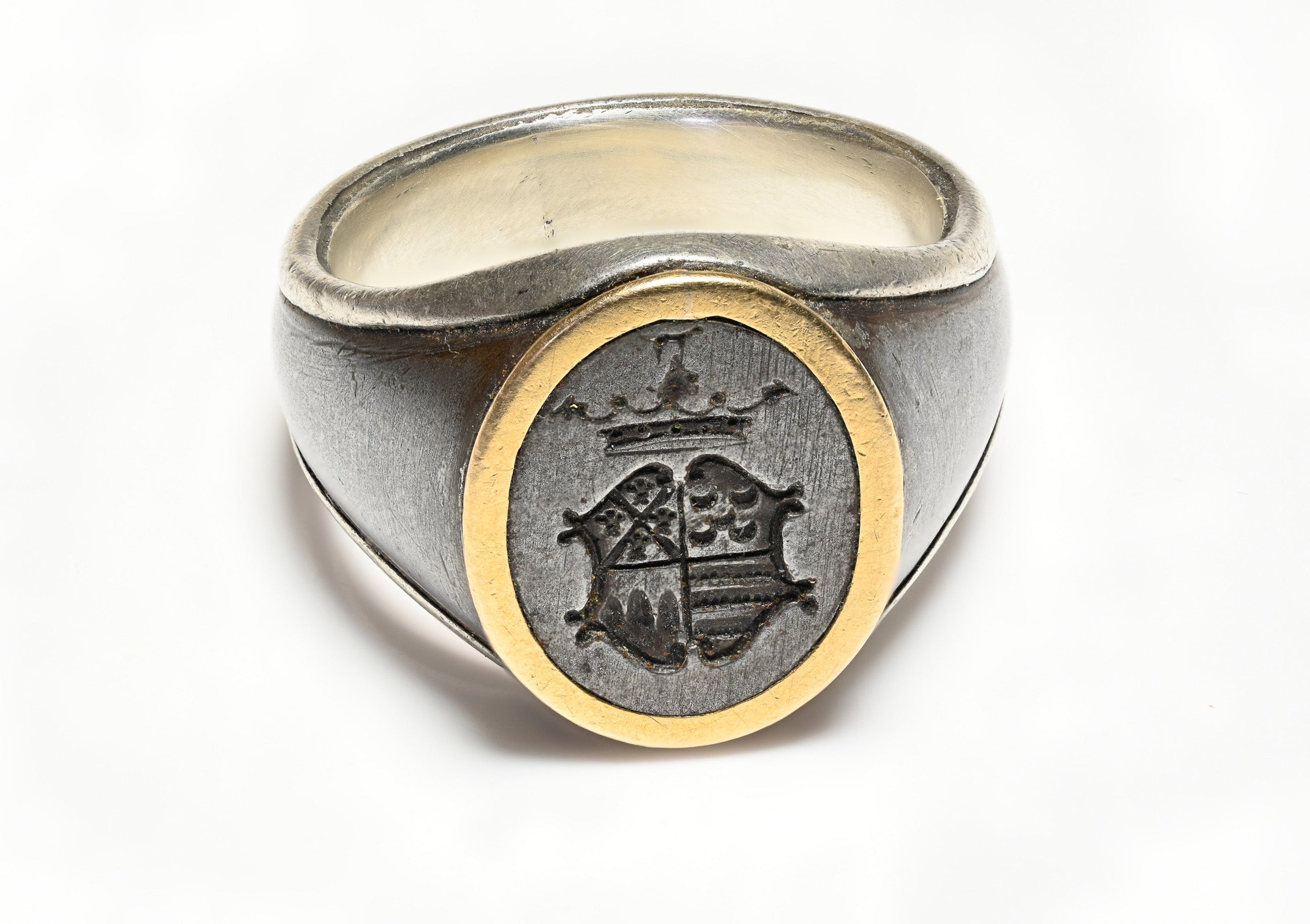 Antique Steel Silver Gold Crest Men's Ring