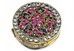 Jeweled Compact Mirror in 900 Silver with Rubies, Sapphires & Aquamarines