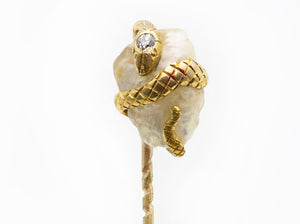 Victorian 14K Yellow Gold Snake Pearl Diamond Stick Pin