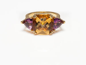 Square Cut Citrine & Triangle Cut Tourmaline 14K Yellow Gold Ring