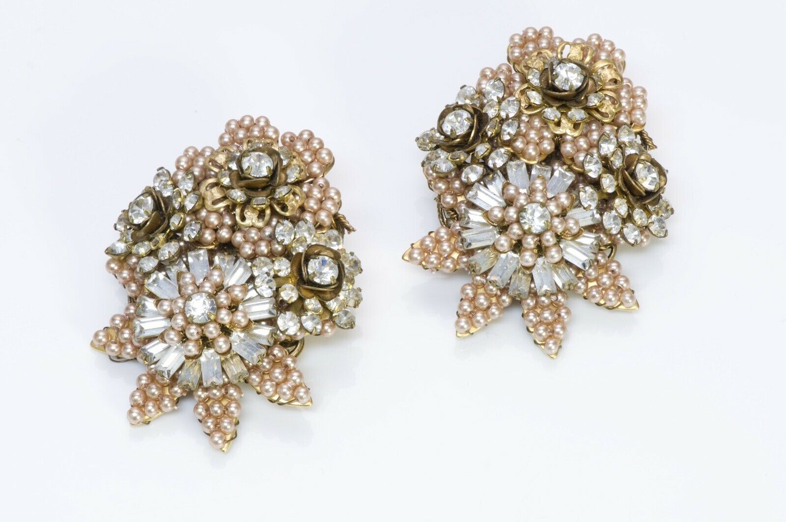 Stanley Hagler NYC Beaded Pink Pearl Crystal Flower Necklace Earrings Set