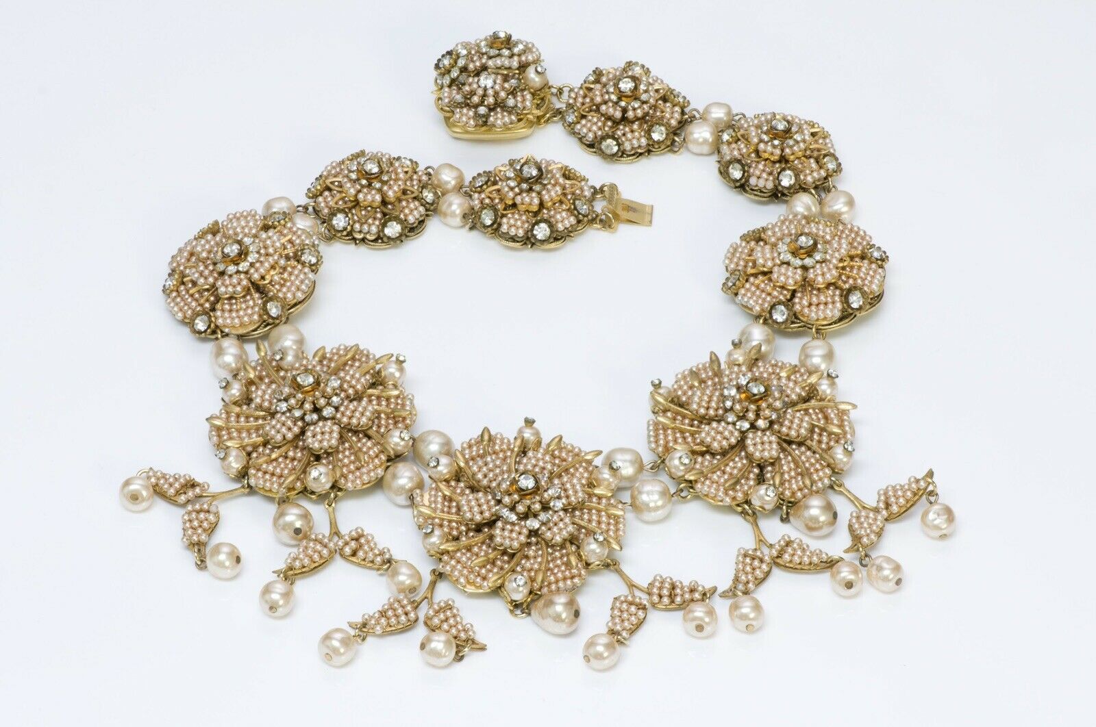 Stanley Hagler NYC Beaded Pink Pearl Crystal Flower Necklace Earrings Set