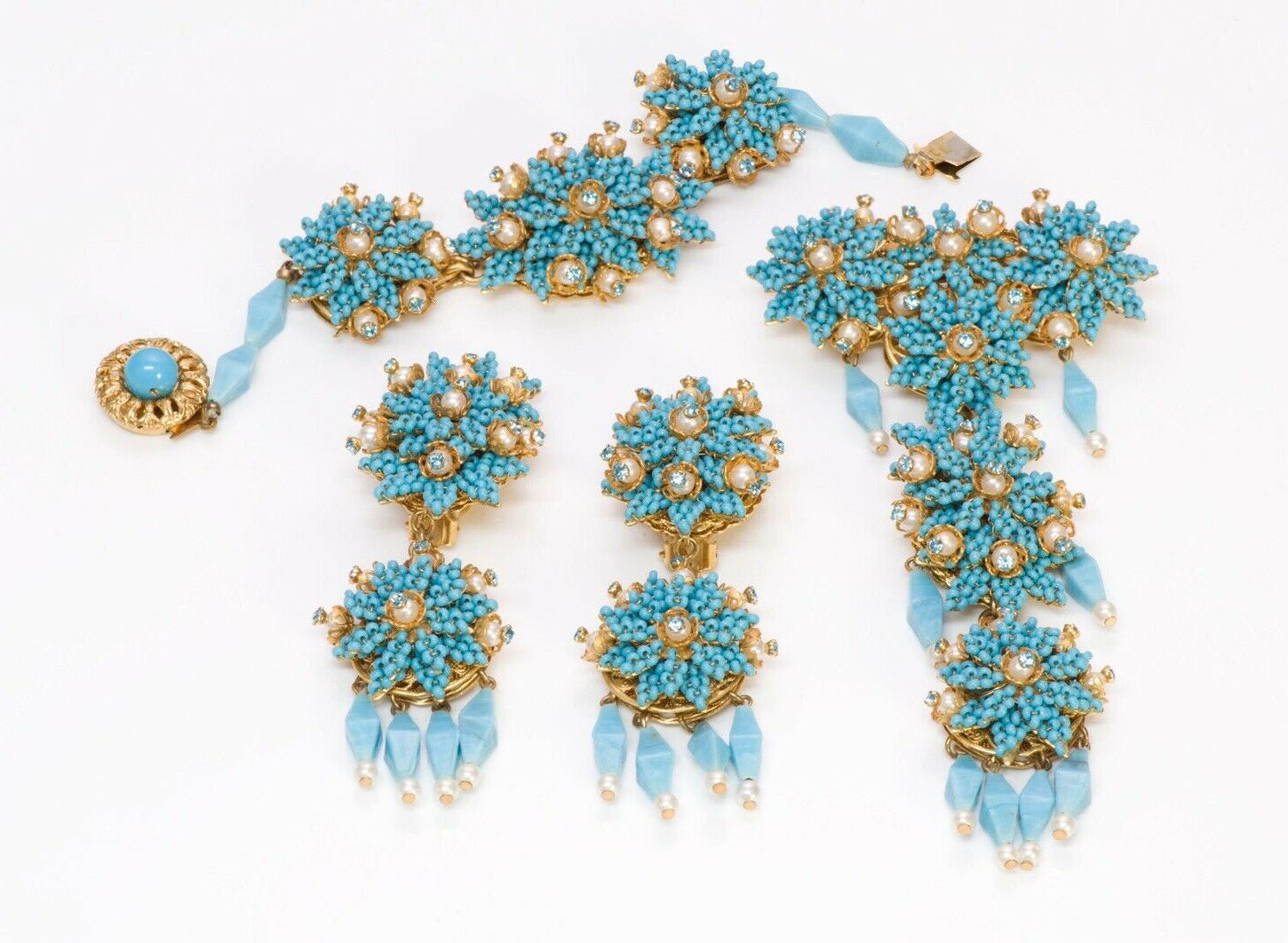 Stanley Hagler NYC Blue Glass Pearl Flower Necklace Earrings Bracelet Brooch Set