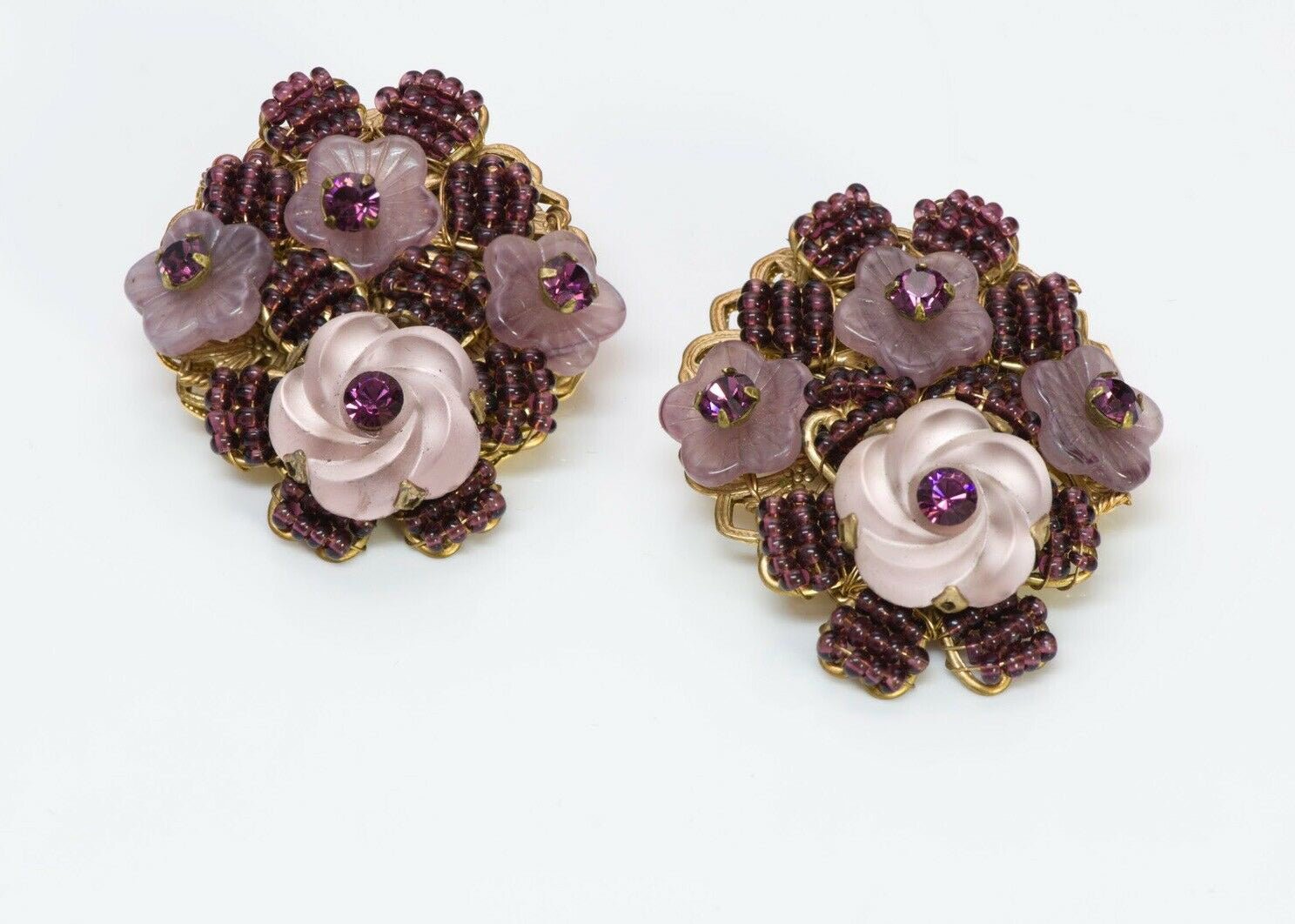 Stanley Hagler NYC Brass Purple Glass Drops Beaded Flower Necklace Earrings Set