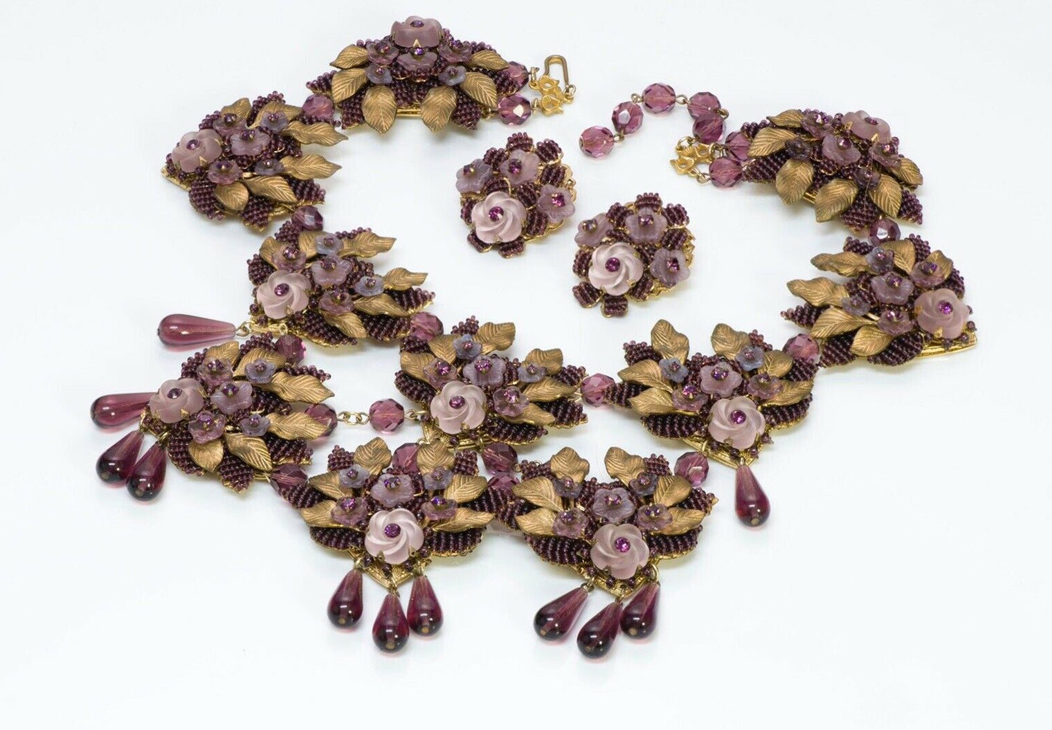 Stanley Hagler NYC Brass Purple Glass Drops Beaded Flower Necklace Earrings Set