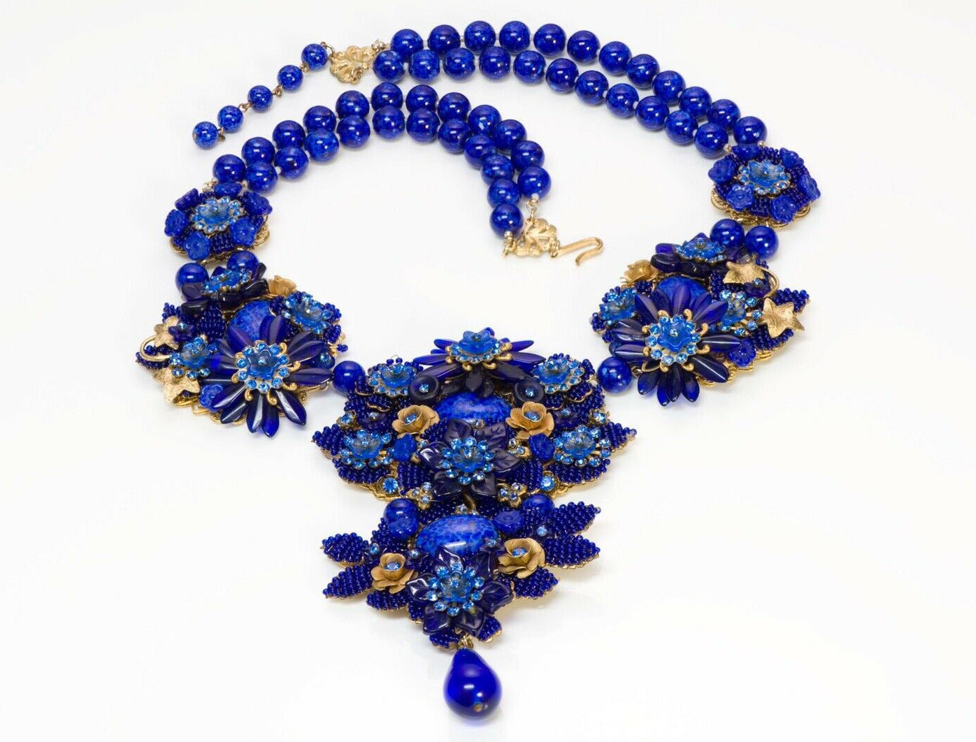 Stanley Hagler NYC Cobalt Blue Glass Beaded Flower Crystal Necklace Earrings Set