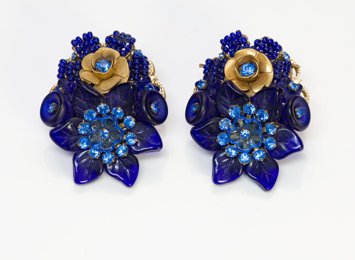 Stanley Hagler Nyc Cobalt Blue Glass Beaded Flower Crystal Necklace Earrings Set