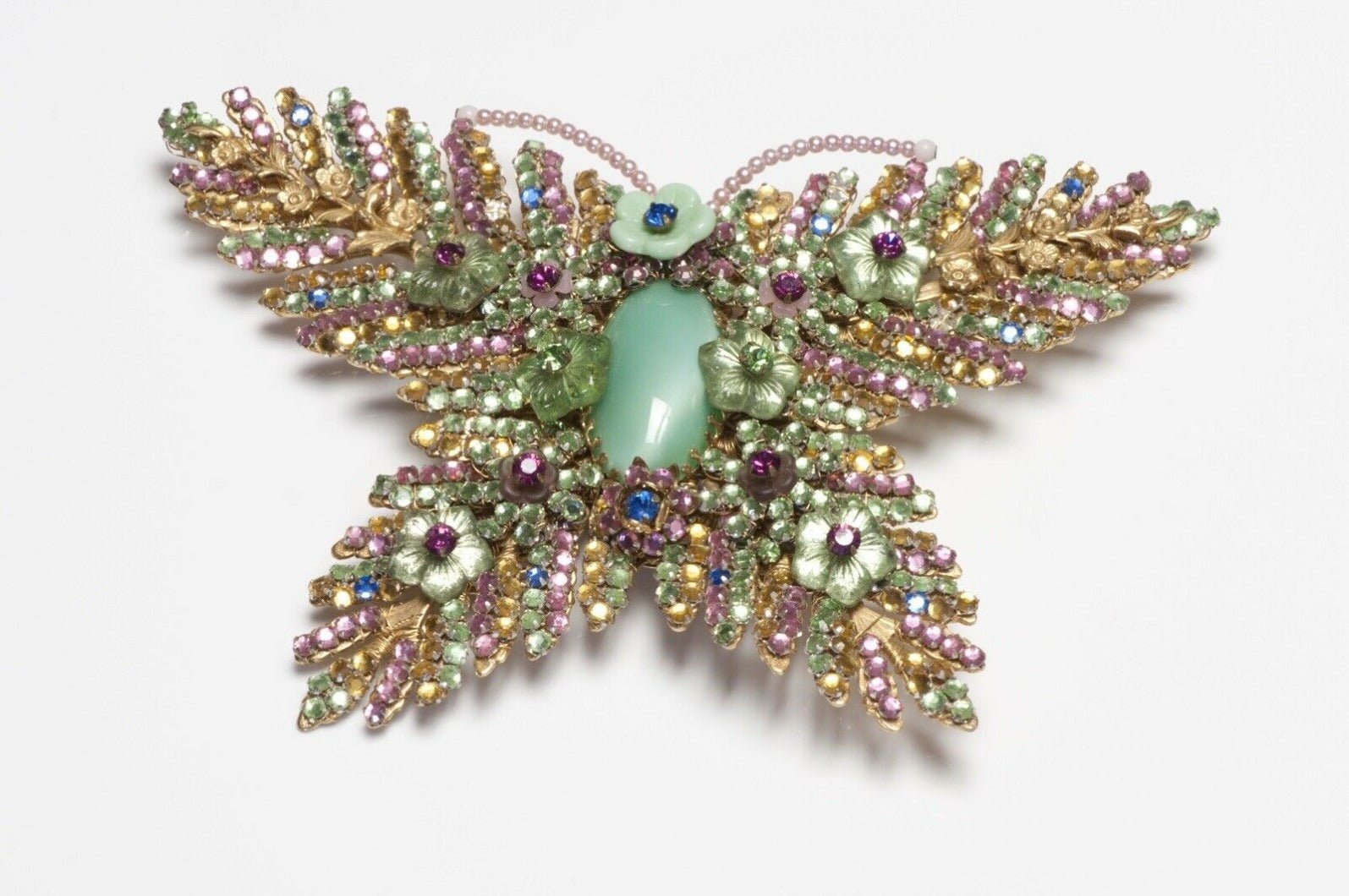 Stanley Hagler NYC Green Pink Yellow Crystal Flower Butterfly Brooch
