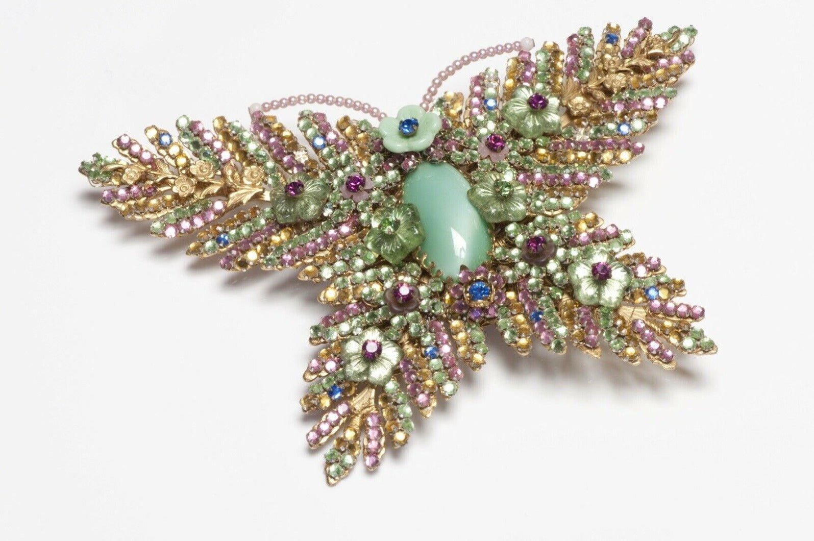 Stanley Hagler NYC Green Pink Yellow Crystal Flower Butterfly Brooch