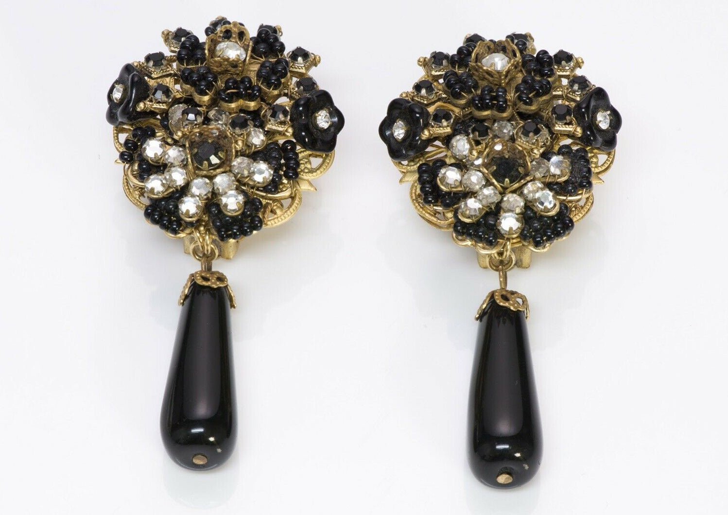 Stanley Hagler NYC Long Beaded Black Glass Crystal Flower Drop Earrings