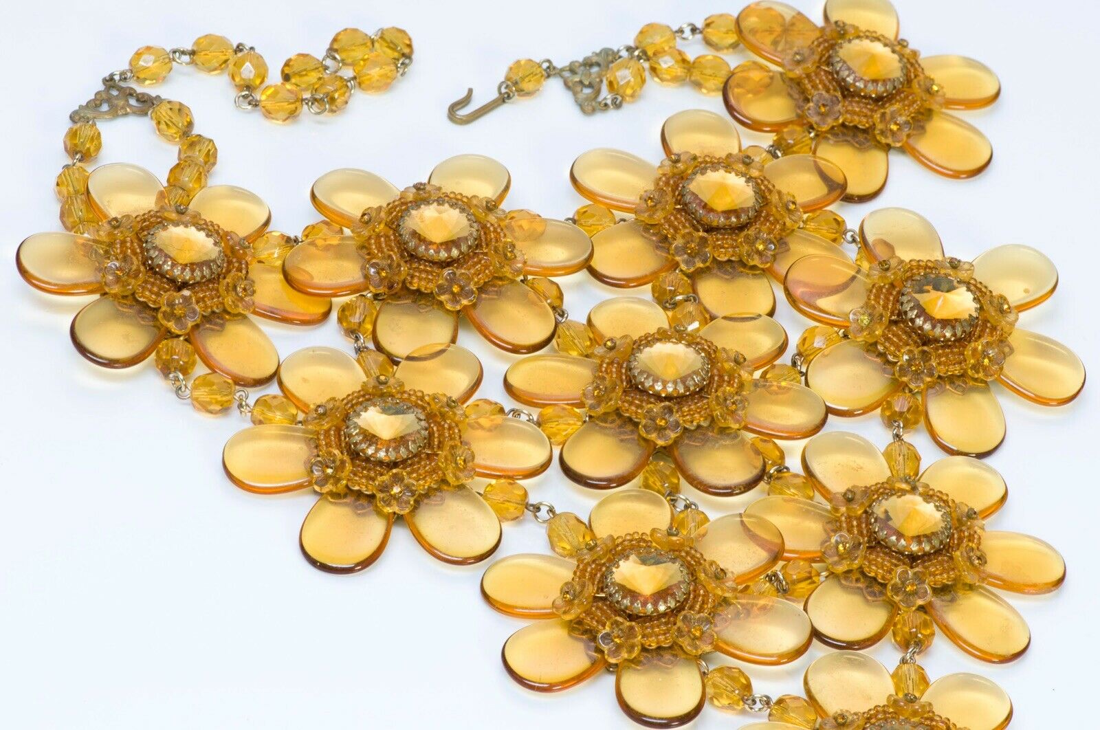 Stanley Hagler NYC Long Yellow Beaded Flower Glass Crystal Bib Necklace
