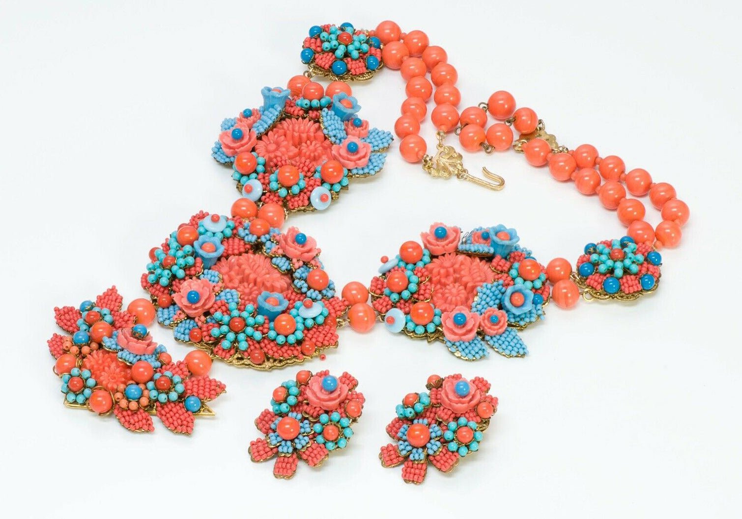 Stanley Hagler NYC Orange Blue Glass Beads Flower Necklace Earrings Set