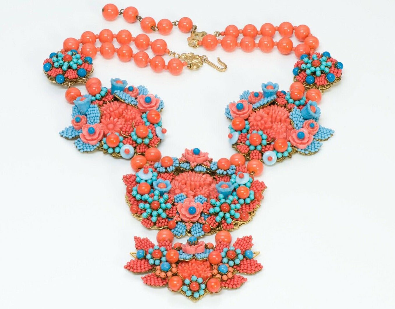 Stanley Hagler NYC Orange Blue Glass Beads Flower Necklace Earrings Set