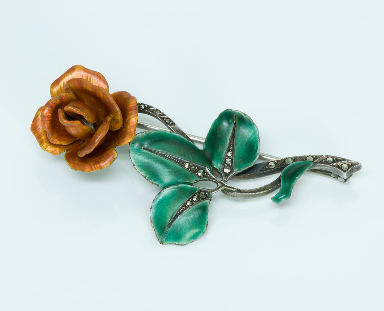 Sterling Silver Enamel Marcasite Flower Vintage Brooch
