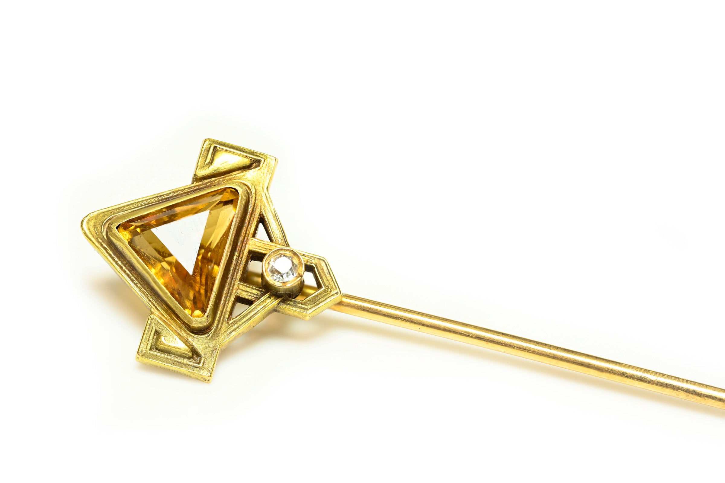 A Art Nouveau to Art Deco Citrine and Diamond Gold Stick Pin
