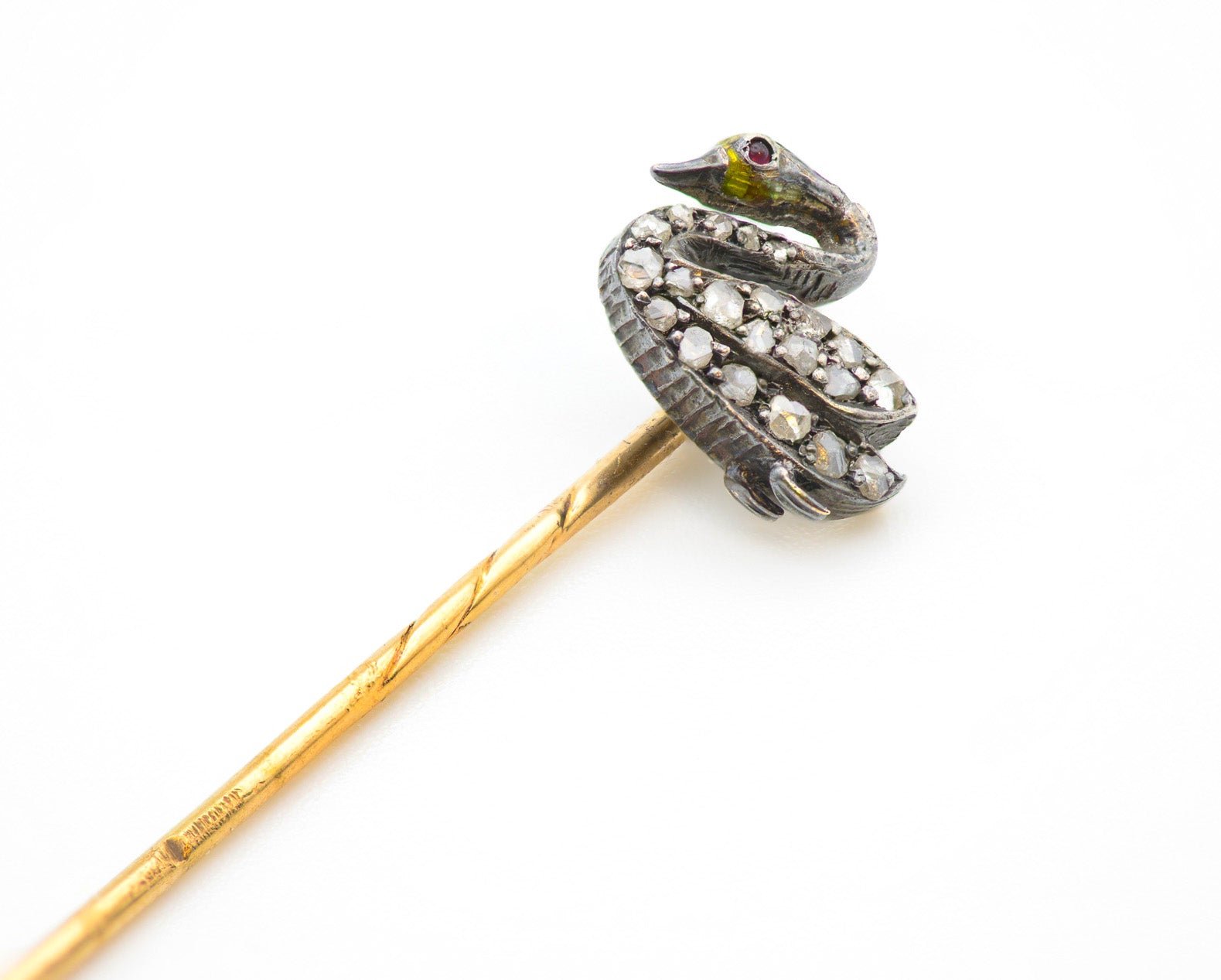 Antique Swan Stick Pin Gold and Silver with Diamond and Ruby Accents