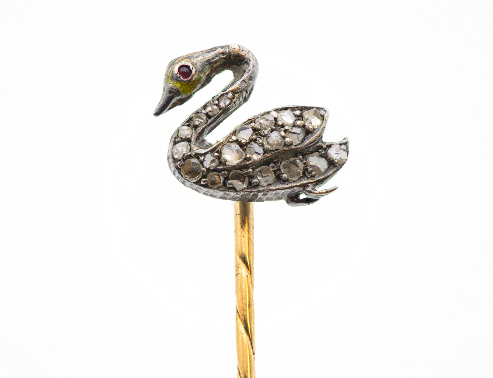 Antique Swan Stick Pin Gold and Silver with Diamond and Ruby Accents