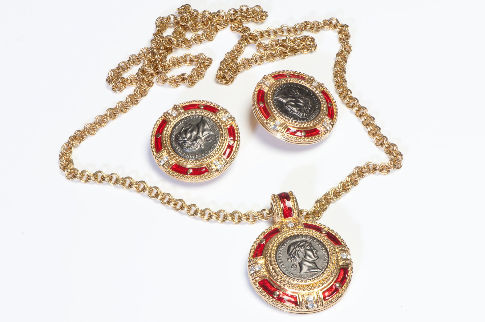 Swarovski Gold Plated Red Enamel Crystal Coin Earrings Necklace Set