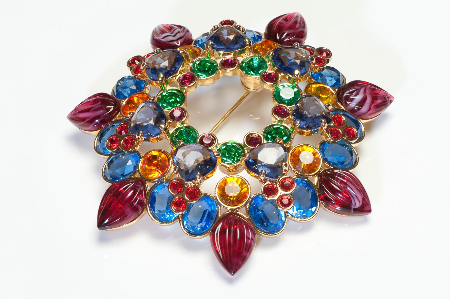 Swarovski Large Gold Plated Blue Yellow Green Crystal Red Glass Flower Brooch