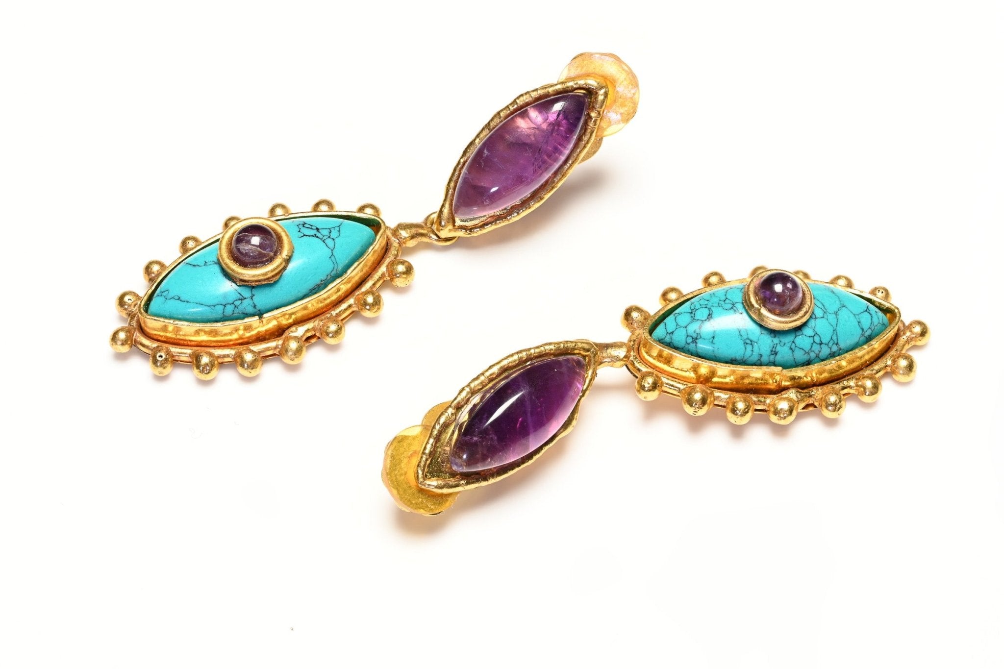 Sylvia Toledano Paris Evil Eye Gold Plated Turquoise Amethist Drop Earrings