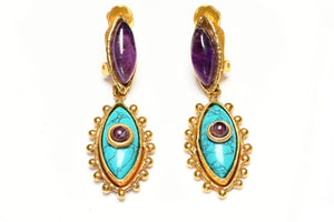 Sylvia Toledano Paris Third Eye Gold Plated Turquoise Amethist Drop Earrings