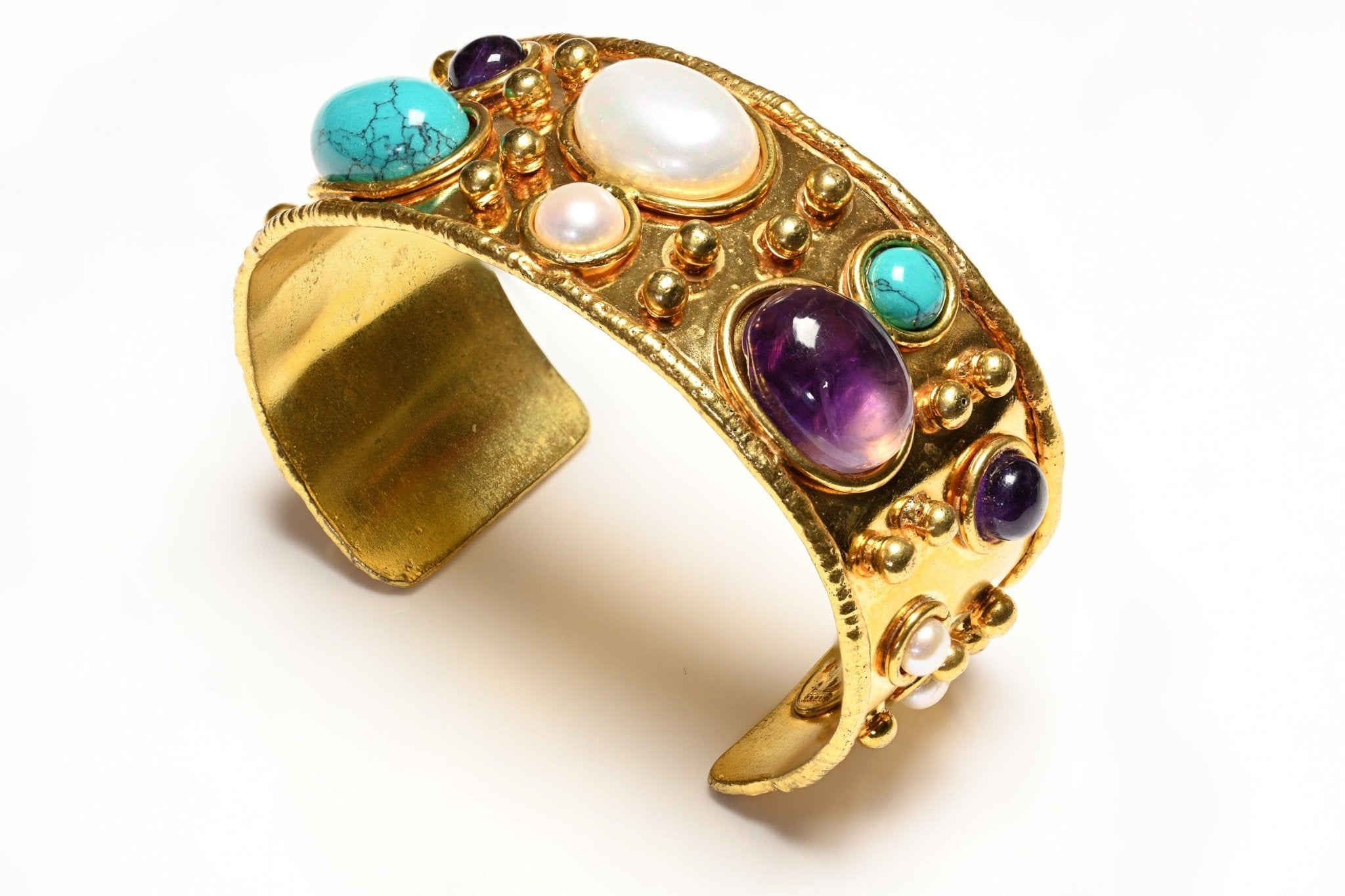 Sylvia Toledano Paris Gold Plated Byzantine Pearl Turquoise Amethyst Cuff Bracelet