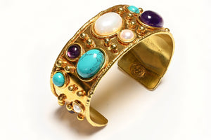 Sylvia Toledano Paris Gold Plated Byzantine Pearl Turquoise Amethyst Cuff Bracelet