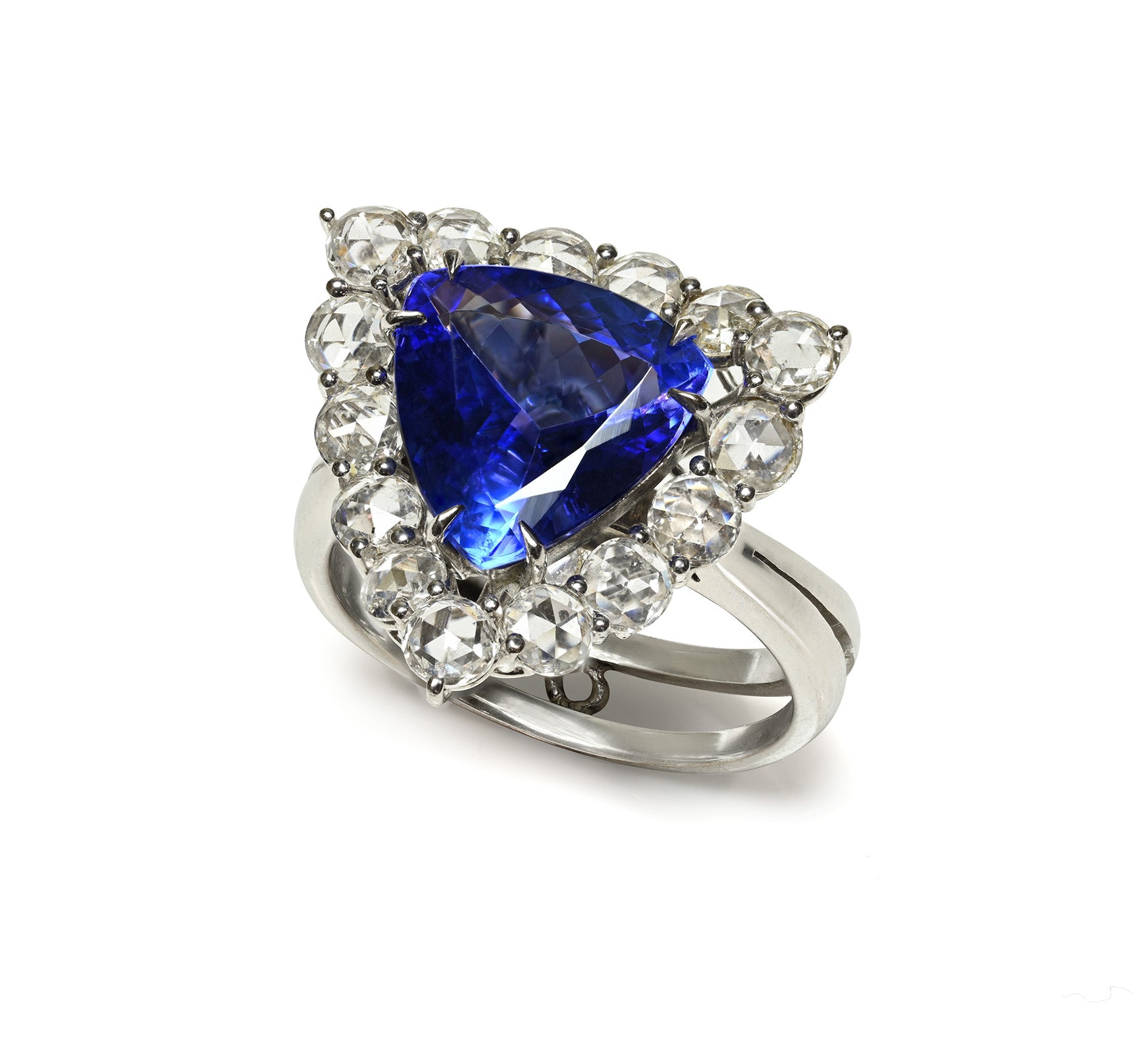 Trillion-Cut Tanzanite 18K Ring Rose-Cut Diamonds