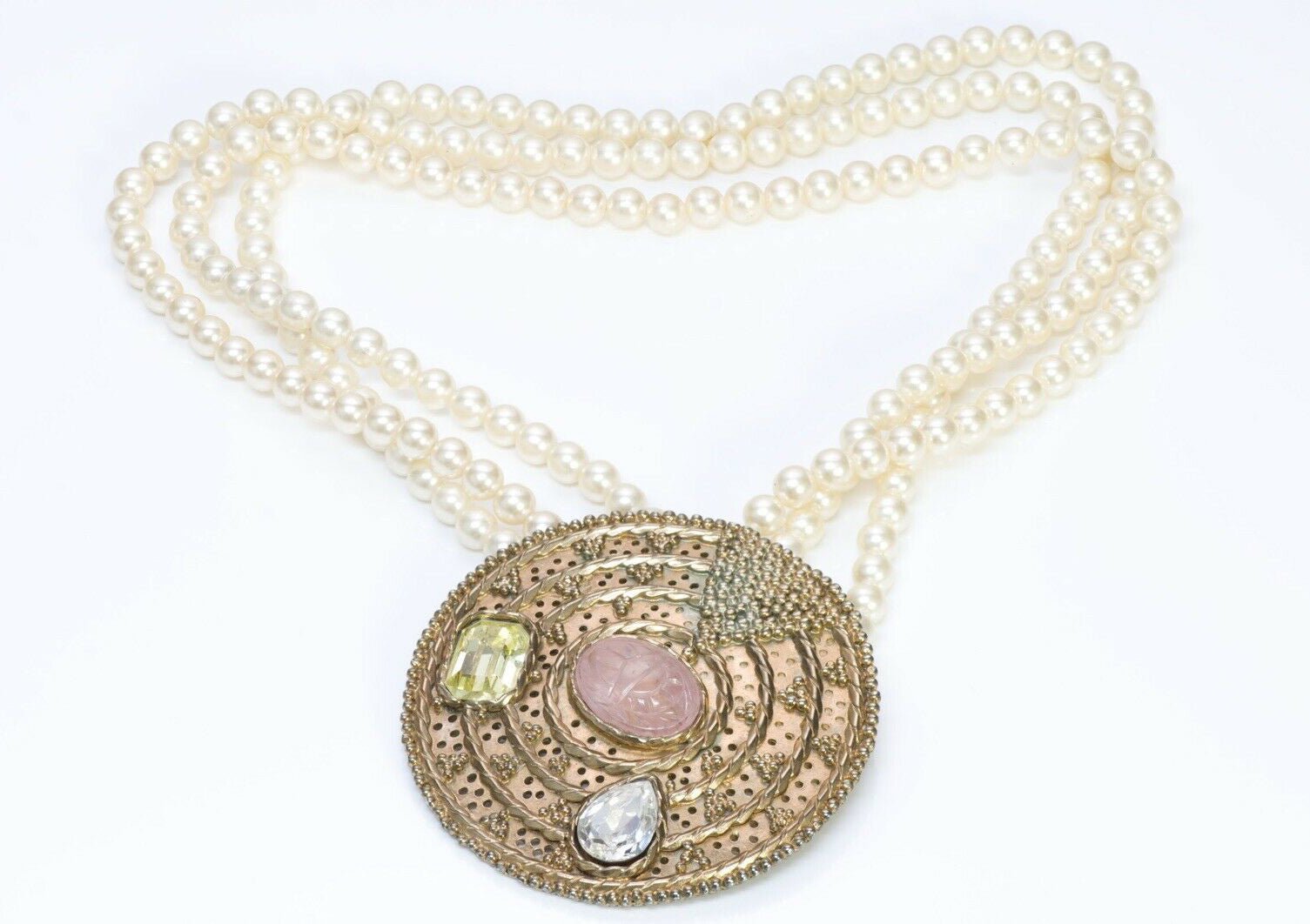 Tess Sholom Designs 1970’s Multi Strand Pearl Pink Glass Scarab Necklace