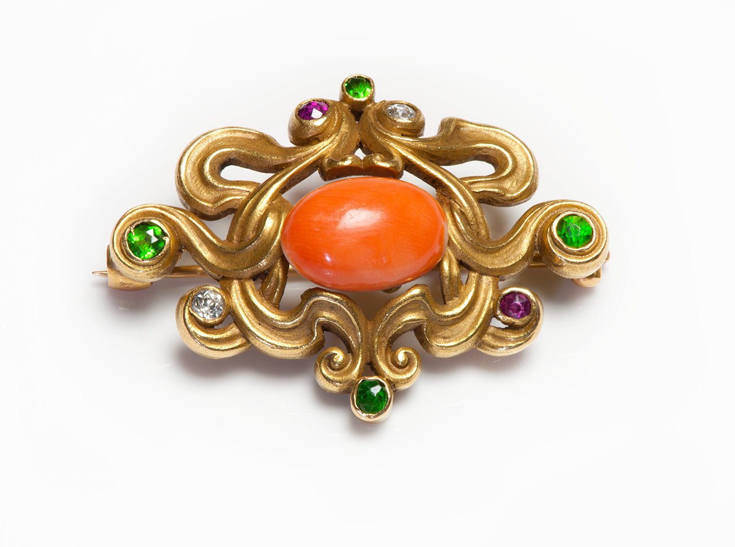 Theodore B. Starr Art Nouveau 18K Gold Coral Diamond Demantoid Ruby Brooch
