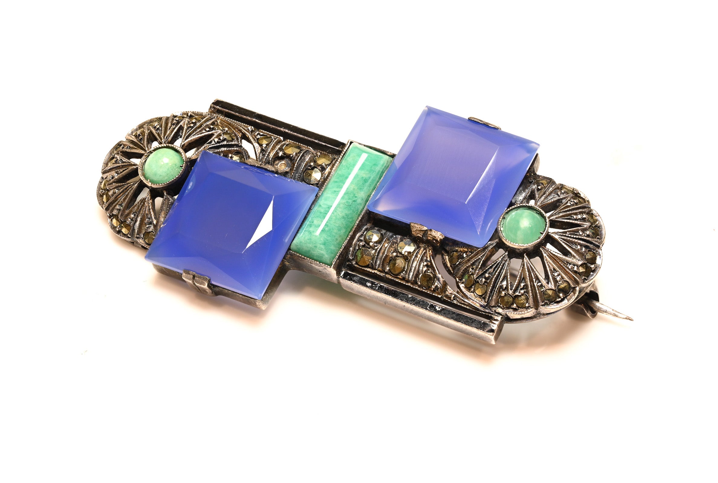 Theodor Fahrner Art Deco Marcasite Silver Chalcedony Amazonite Brooch