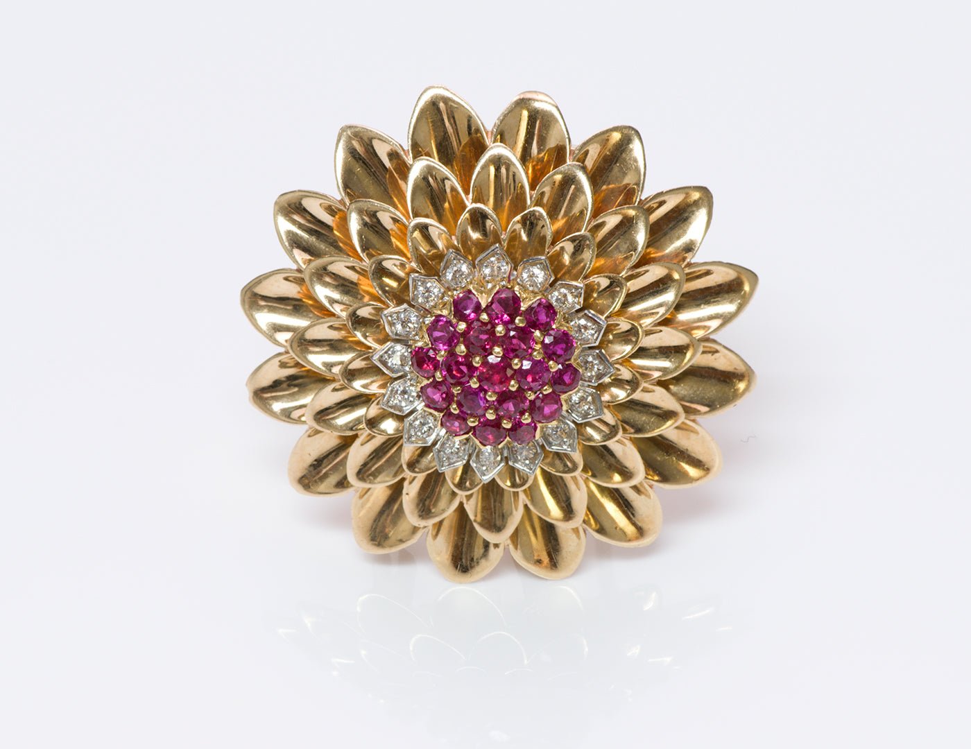 Tiffany & Co. 14K Gold Ruby Diamond Flower Brooch