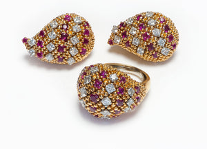 Tiffany & Co. 18K Gold Diamond Ruby Earrings Ring Set