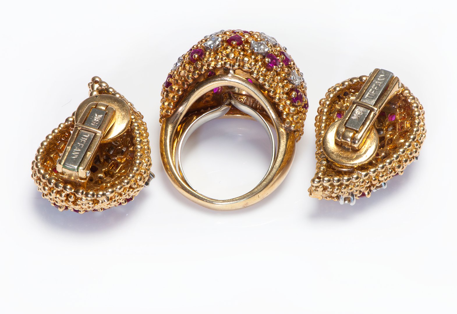 Tiffany & Co. 18K Gold Diamond Ruby Earrings Ring Set
