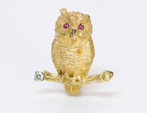 Tiffany & Co. 18K Gold Diamond Ruby Owl Brooch Pin