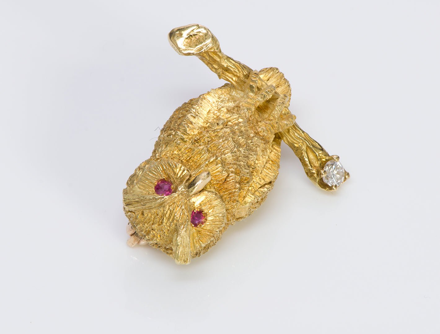 Tiffany & Co. 18K Gold Diamond Ruby Owl Brooch Pin