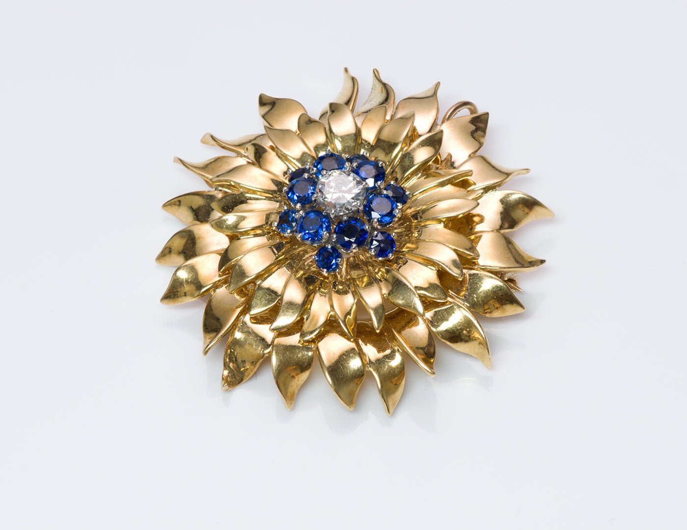 Tiffany & Co. 18K Gold Diamond Sapphire Flower Pendant Brooch