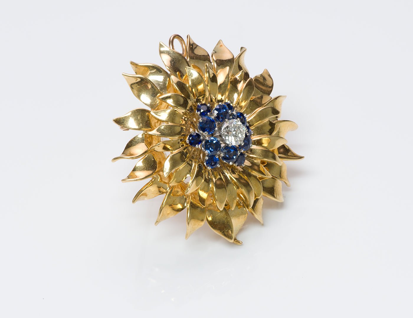 Tiffany & Co. 18K Gold Diamond Sapphire Flower Pendant Brooch