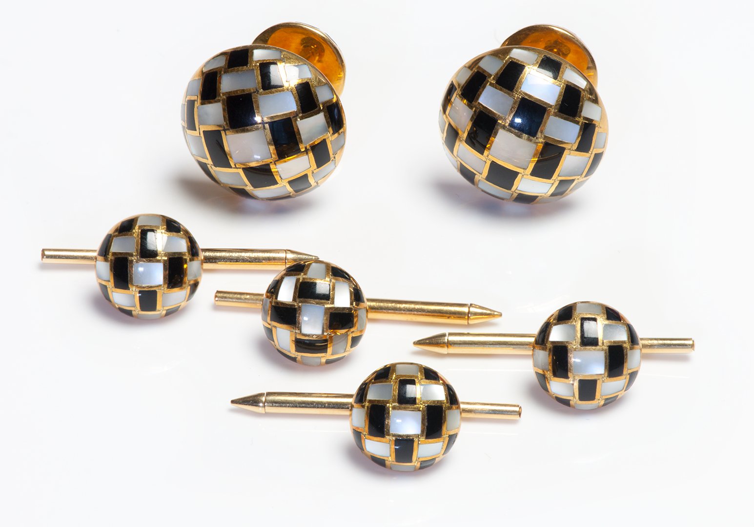 Tiffany & Co. 18K Gold Onyx Mother of Pearl Checkerboard Cufflink 4 Stud Set