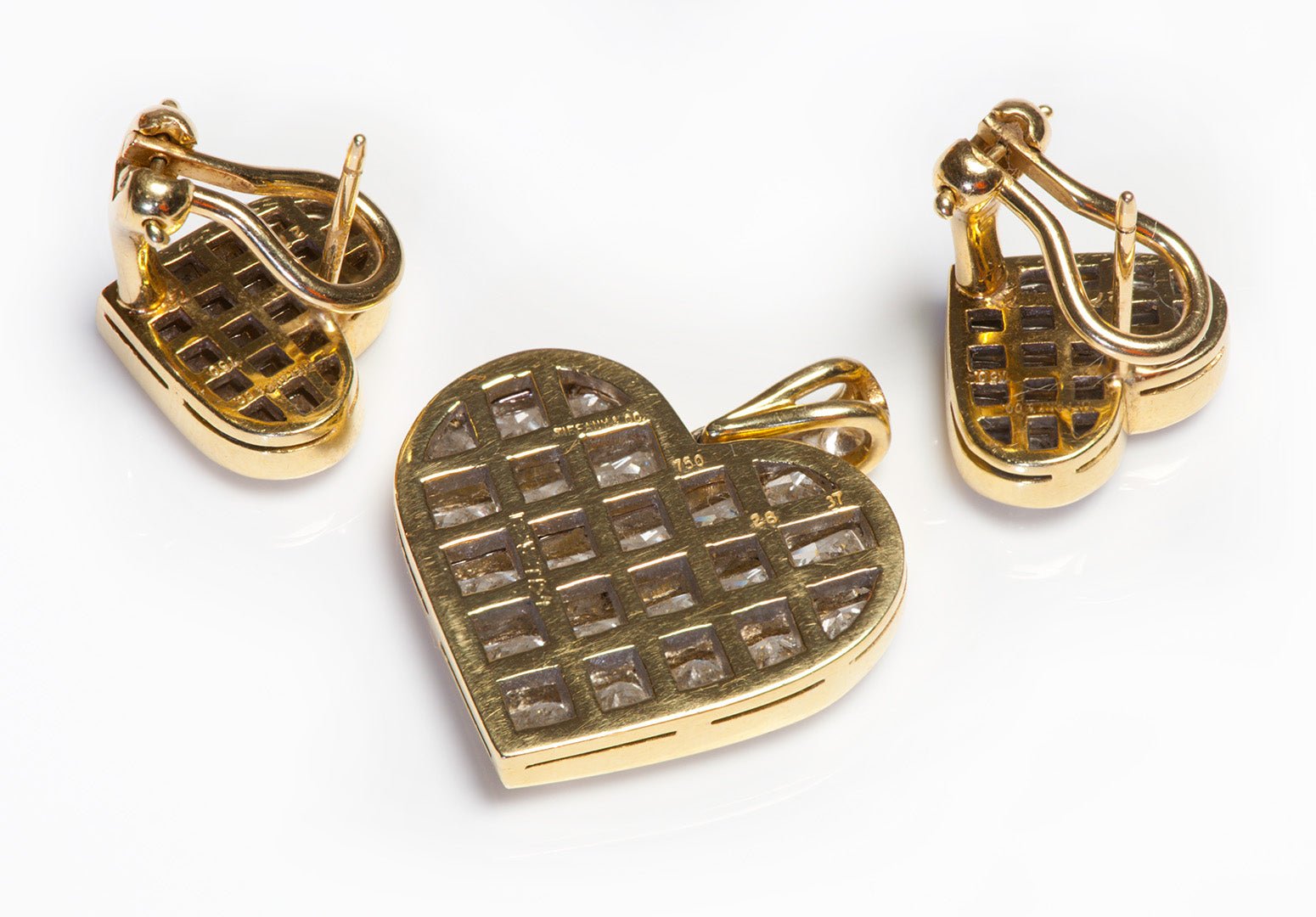Tiffany & Co. 18K Gold Radiant Diamond Heart Pendant Earrings